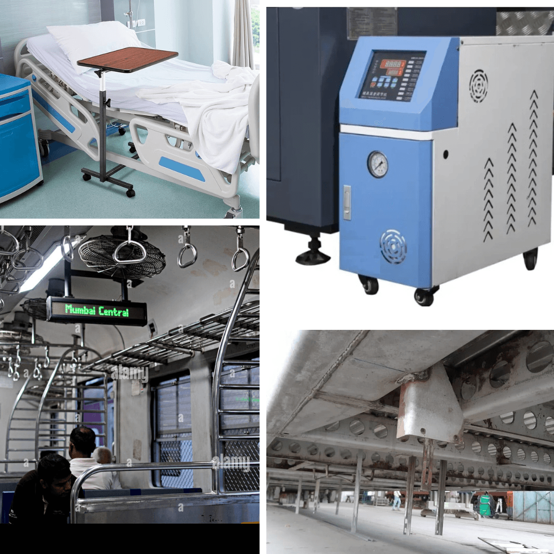 Collage showing hospital bed, industrial machine, train interior, and fabricated metal structure.