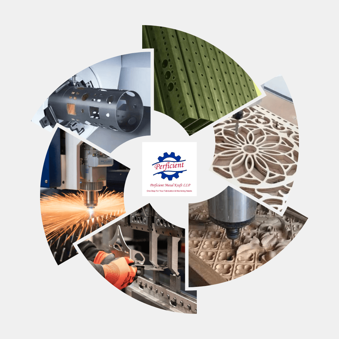 Advanced cutting technologies: laser cutting, pipe cutting, 3D routing, perforated sheets, and intricate metal designs.