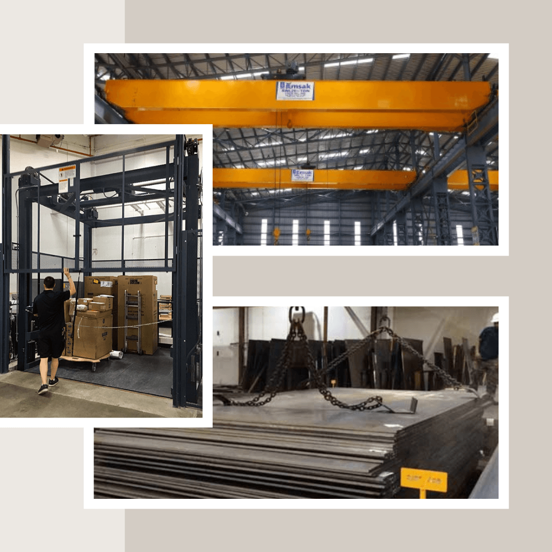Industrial material handling equipment, including overhead cranes, a vertical lift, and steel sheets in a warehouse.