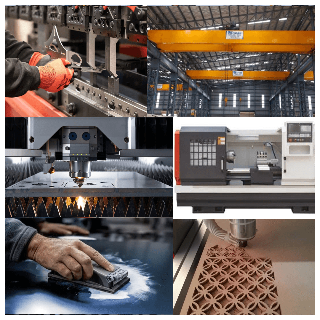 Collage showcasing industrial manufacturing processes, including CNC machining, laser cutting, metal bending, surface finishing, and overhead cranes.