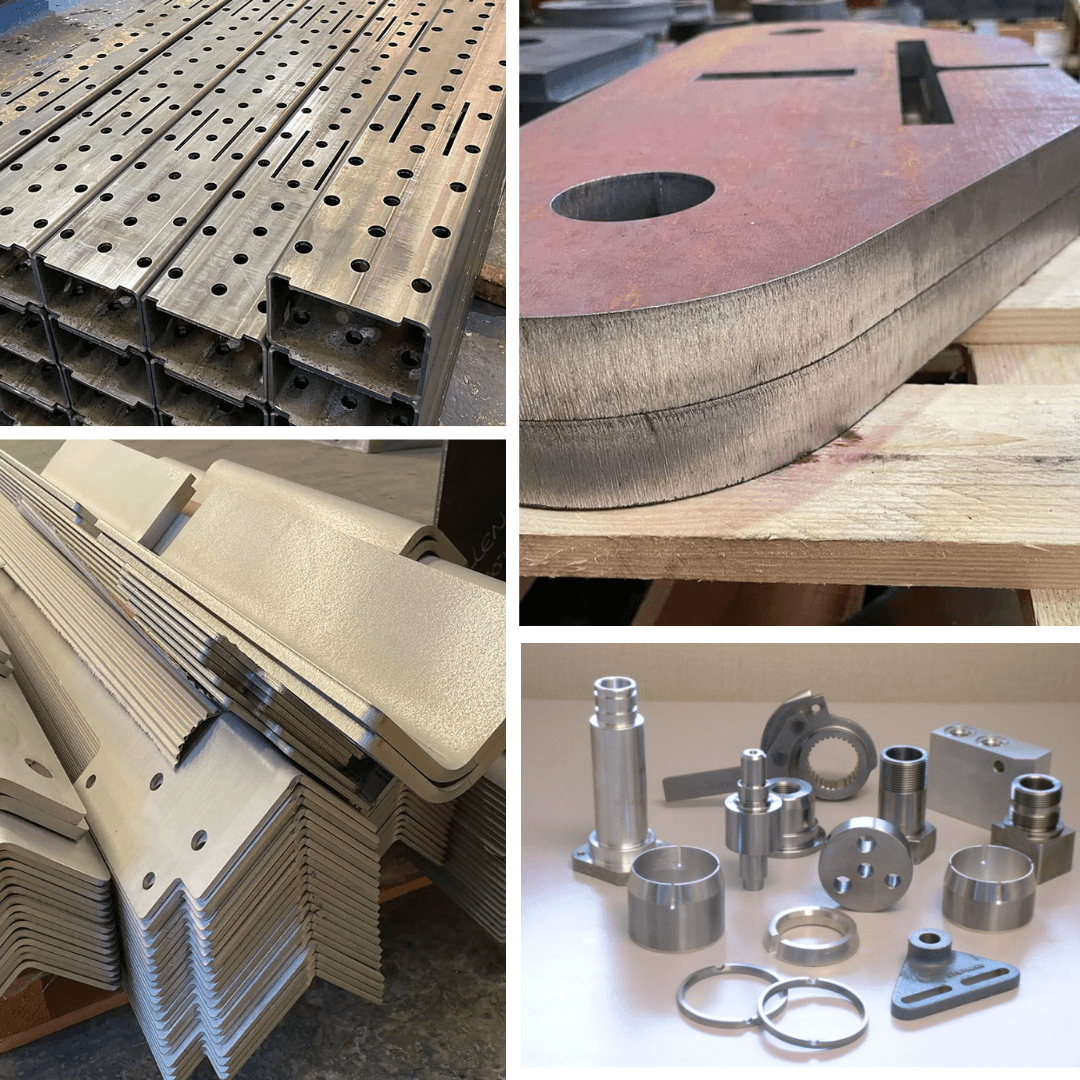 Collage showing laser-cut sheets, precision-cut plates, bent metal parts, and machined industrial components.