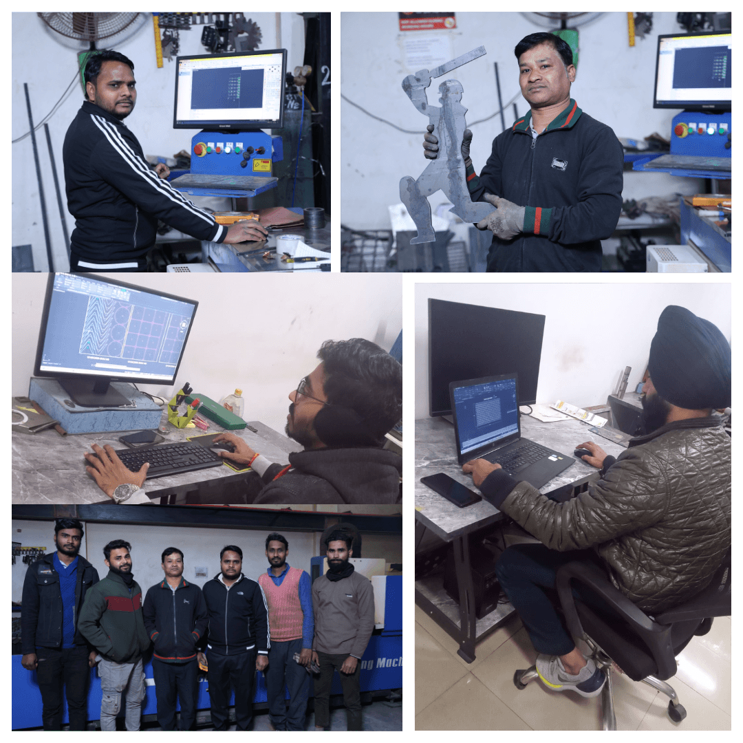 Collage of a manufacturing team working on design and fabrication, including CNC programming, metal cutting, and a group photo.