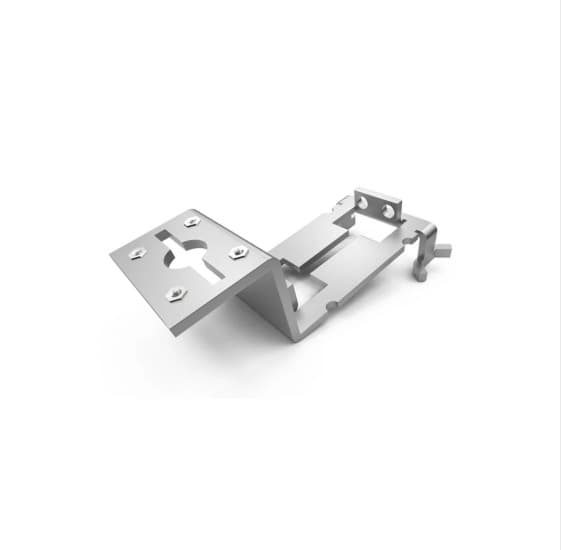 Precision-machined metal bracket with angular bends and slots, used in defense or aerospace mounting applications.