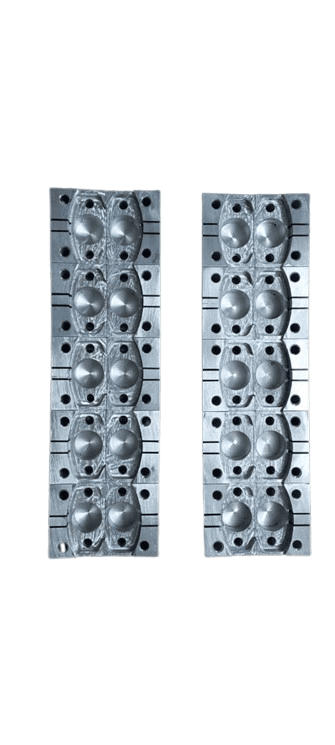 Pair of machined aluminum molds with spherical cavities, used for casting or forming components like brake calipers or housings.