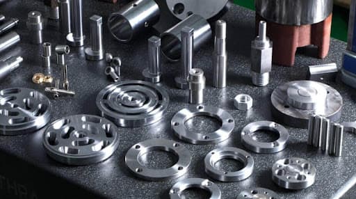 Variety of precision-machined metal components including flanges, shafts, and circular discs.