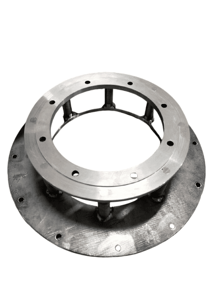Machined mild steel flange component with circular plates and spacer rods, featuring multiple bolt holes for industrial assembly.