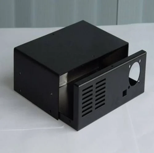 Powder-coated metal enclosure for electronic devices, custom fabricated for industrial use.