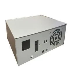 Custom-fabricated metal enclosure for inverter with precision-cut slots and fan vent for industrial use.
