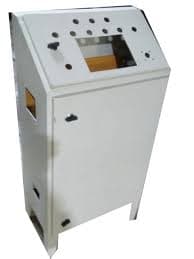Custom fabricated sheet metal control panel cabinet with slanted operator interface.