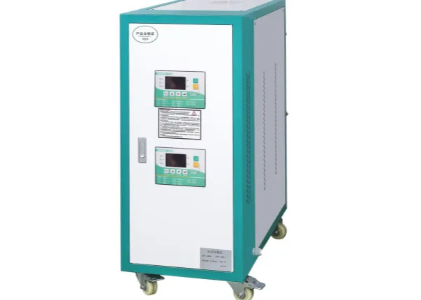 Industrial metal cabinet with digital control panels and lockable door, designed for mobility and equipment housing.