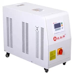 Ventilated metal enclosure with digital controls and emergency stop switch for mold temperature control systems.