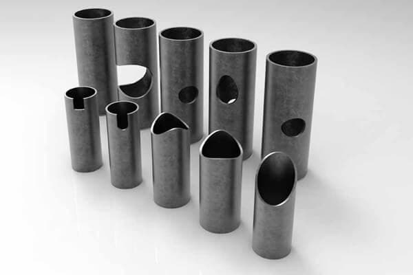 Various metal tubes with different laser-cut openings and angled cuts, showcasing precision tube cutting techniques for industrial applications.